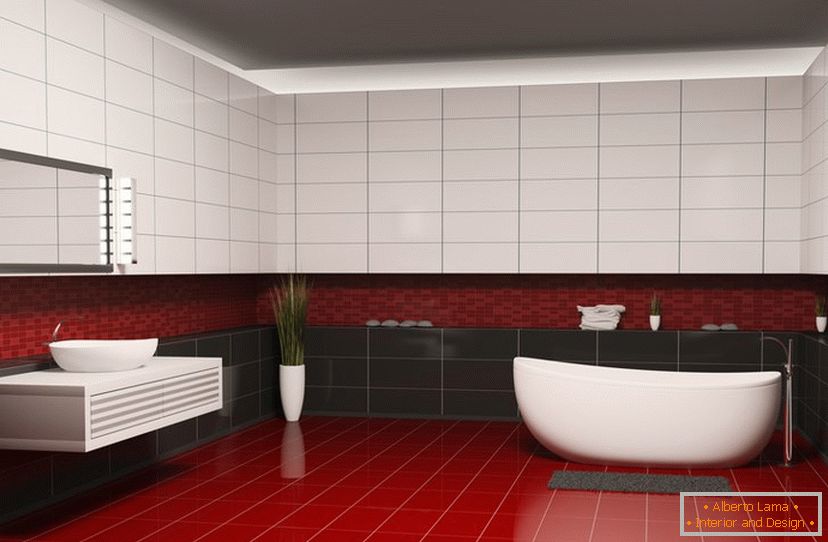 Azulejos vermelhos, preto e brancos no design do banheiro