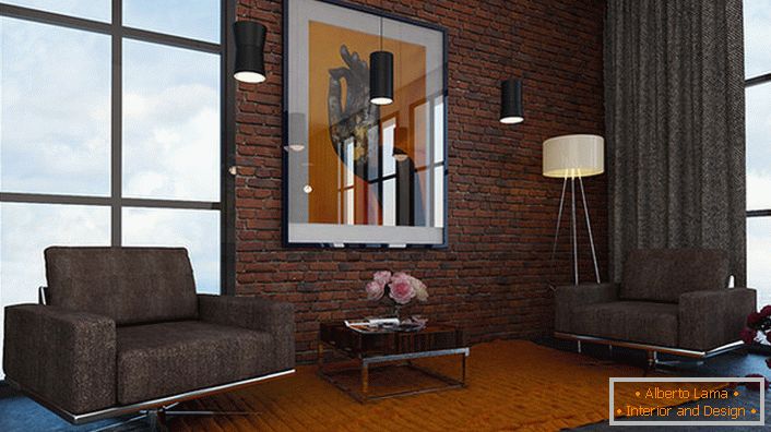Projeto de design para a sala de estar em estilo loft. Uma excelente opção para apartamentos urbanos.