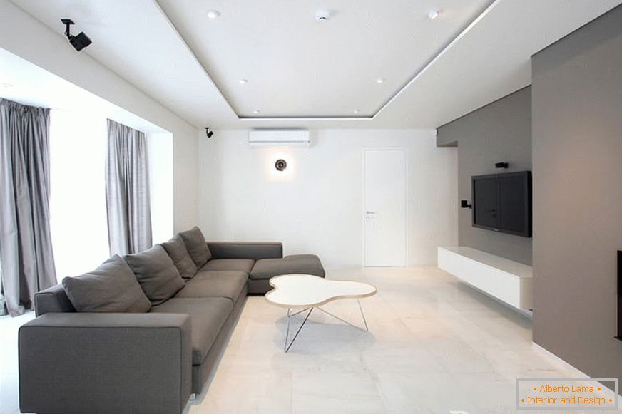 Sala de estar assimétrica em estilo minimalista