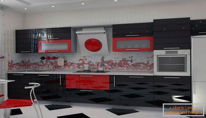 A combinação de vermelho rico e preto contraste é ideal para decorar a cozinha no estilo Art Nouveau.