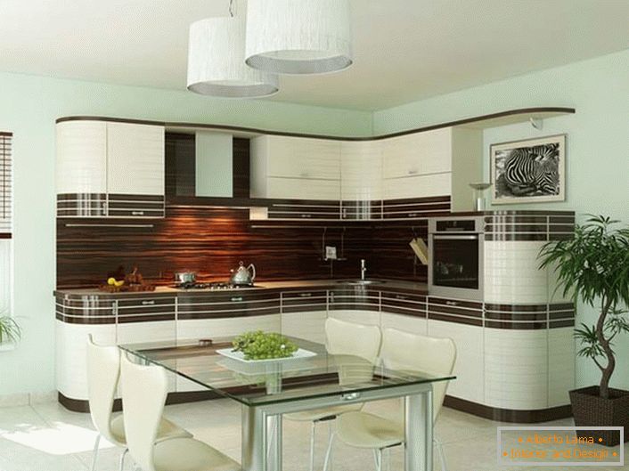 Conjunto de cozinha para a cozinha em estilo Art Nouveau é em forma de L, que é ideal para pequenas cozinhas. Aparência requintada do interior é vantajosamente combinada com a sua funcionalidade.