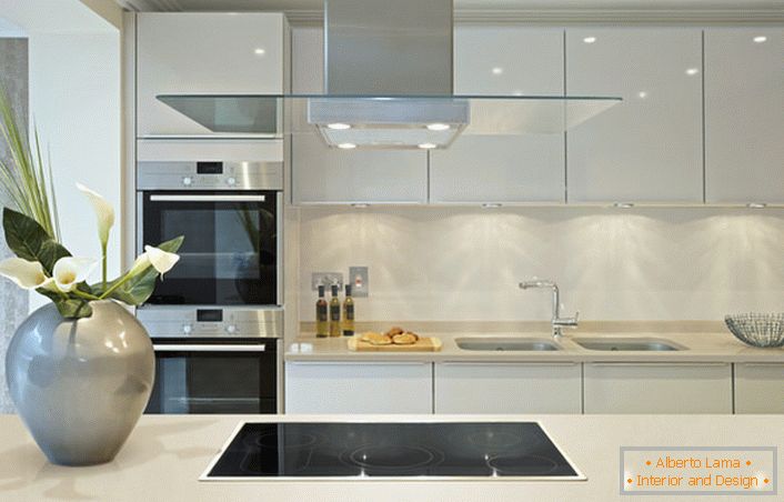 Superfícies brilhantes podem ser usadas para decorar a cozinha no estilo Art Nouveau. O projeto de design é interessante combinação ousada de cinza e branco, que não é peculiar ao estilo moderno.