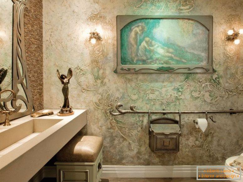magnífico-art-deco-banheiro-idéias-com-creme-textura-parede-pintura-como-banheiro-reis-e-creme de madeira-retângulo-mesa-incluindo-lavatório-e-ouro-inox-torneira-in pia-também-awesome-interior-design