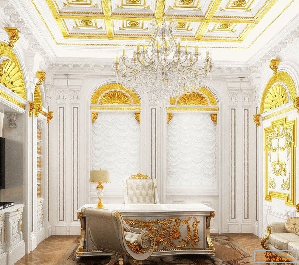 Armário com interior branco e decoração dourada