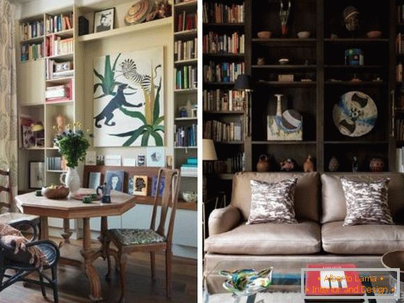 Prateleiras com livros e decoração no design da sala de estar