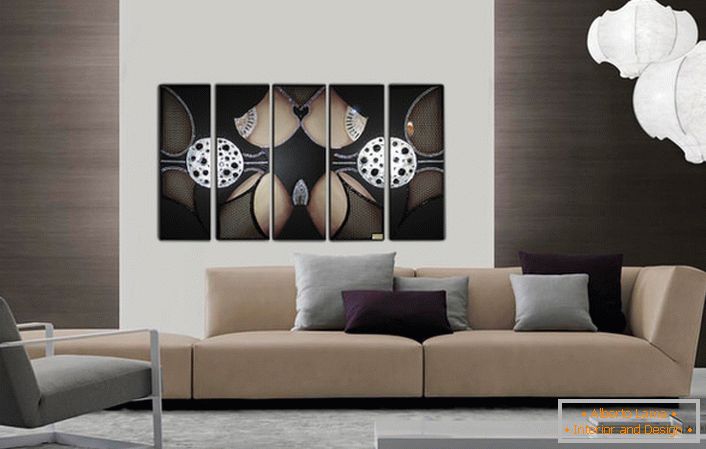 Pinturas modulares representando formas abstratas e formas geométricas são ótimas para decorar salas em estilo Art Nouveau, alta tecnologia ou minimalismo. 