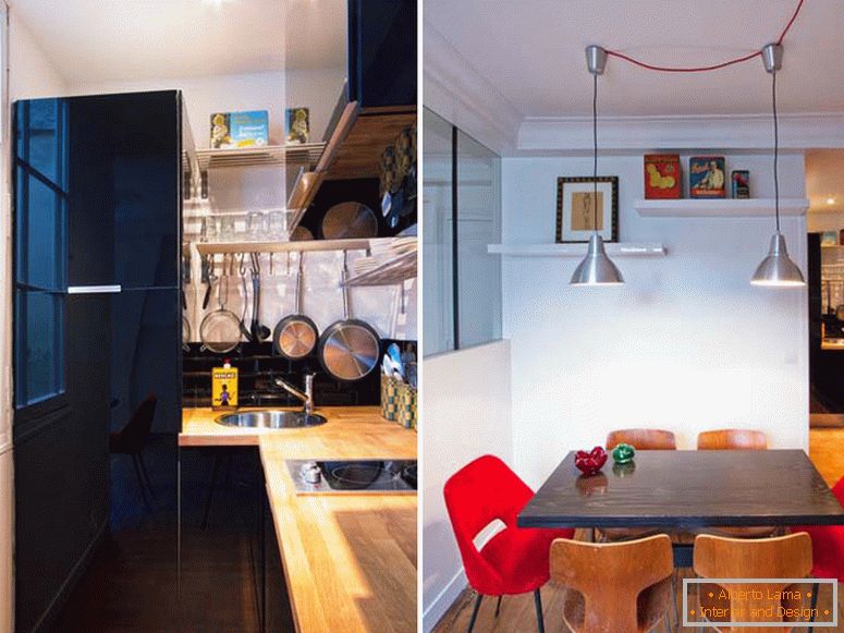 Cozinha e sala de jantar de um pequeno apartamento em Paris