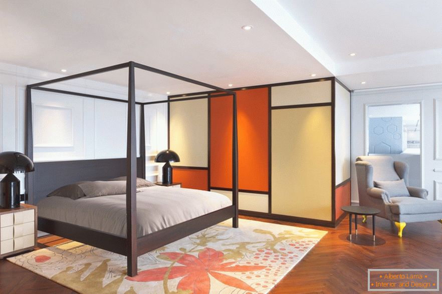 Quarto laranja de um elegante apartamento em Pequim