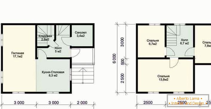 O layout do primeiro e segundo andares de uma casa de madeira com um massandra.