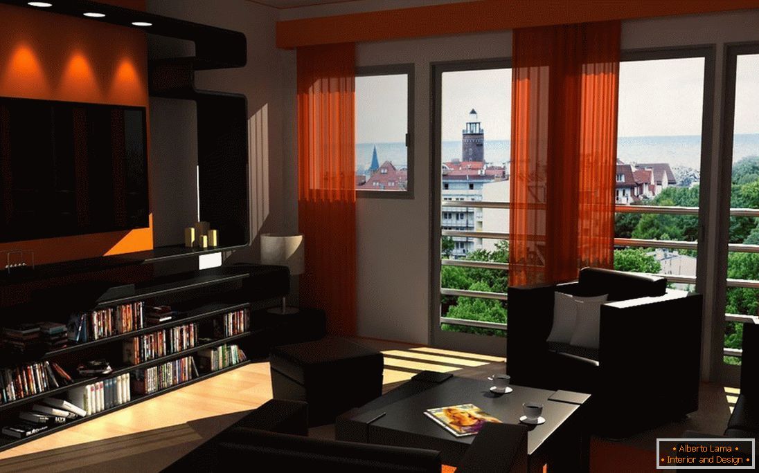 Móveis escuros e cortinas laranja na sala de estar