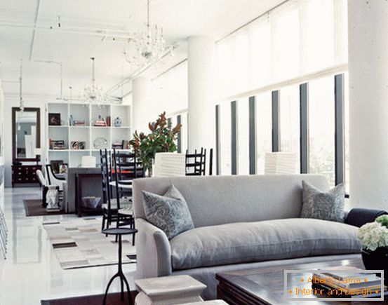 Interior, de, um, longo, apartamento estúdio