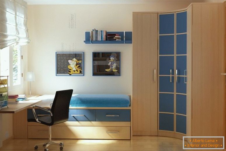 bom-sotaque-moderno-pequeno-quartos-parede-cores-com-cama-single-que-tem-armazenamento-gavetas-ligado-com-canto-curvo-guarda-roupa de madeira