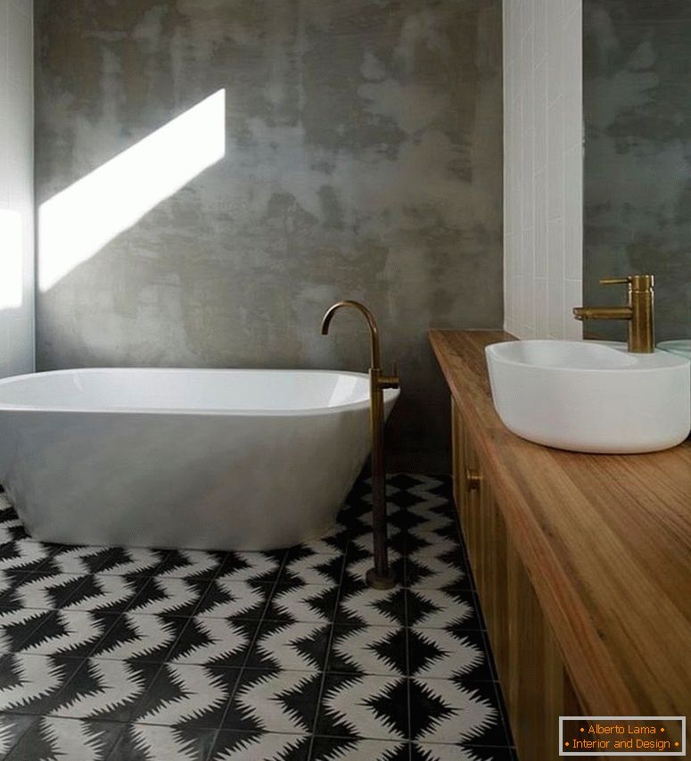 paredes de concreto-prestados-do-banheiro-stand-em-contraste-para-o-cimento-azulejos geométricos