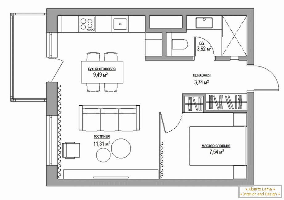 O layout de um apartamento perto de Moscou 40 m2