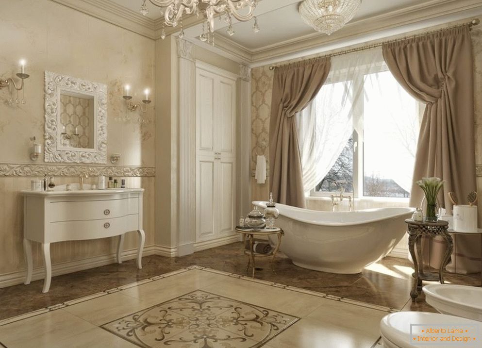 Janela com cortinas no banheiro em estilo clássico