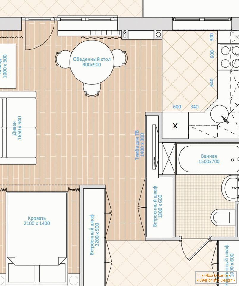 O layout de um apartamento de um quarto de 33 metros quadrados