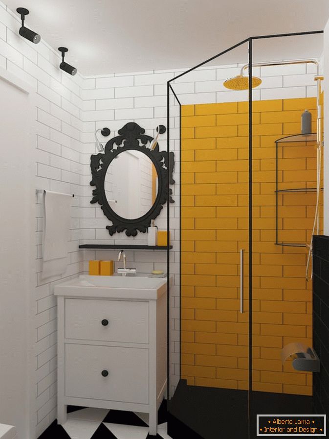 Acentos amarelos em um banheiro preto e branco