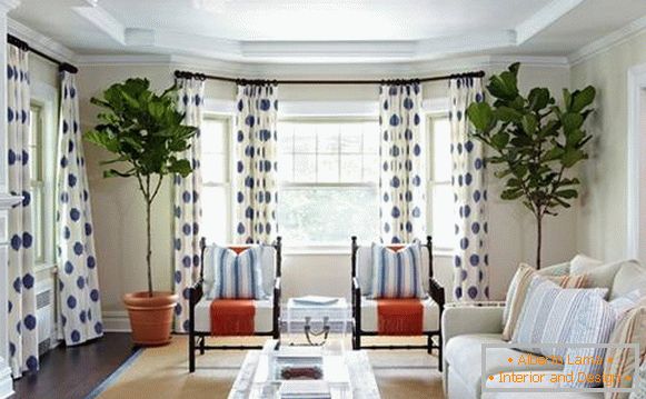 Cortinas brancas com um padrão azul na sala de estar