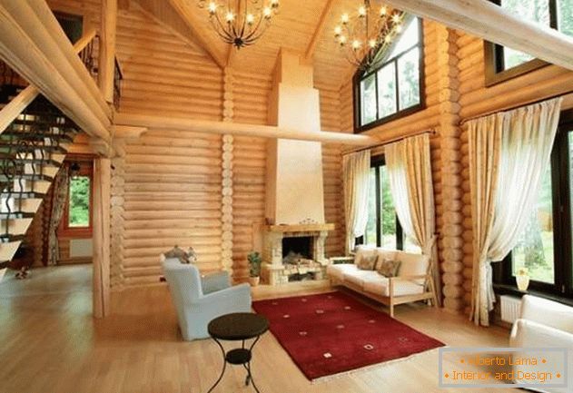 Design de interiores de uma casa de campo de madeira de logs