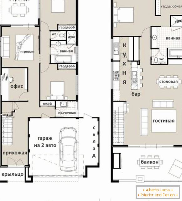 Variantes do segundo andar em uma casa particular - um projeto com uma cozinha de sala e um quarto