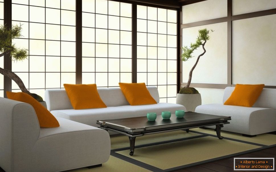Sala de estar em estilo japonês со светлыми стенами и темным полом
