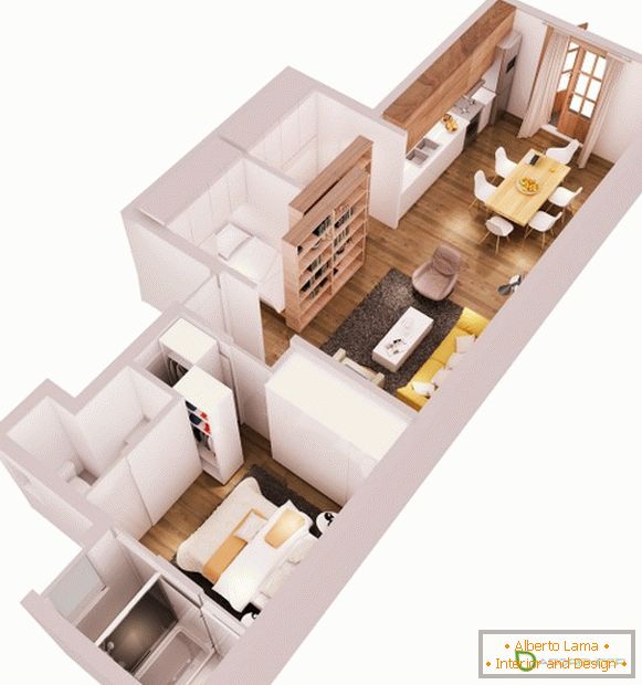 Layout de um apartamento com um quarto