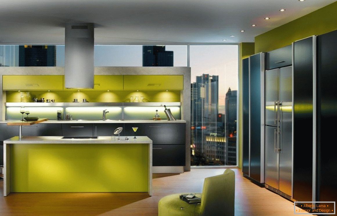 Interior de cozinha preto e verde