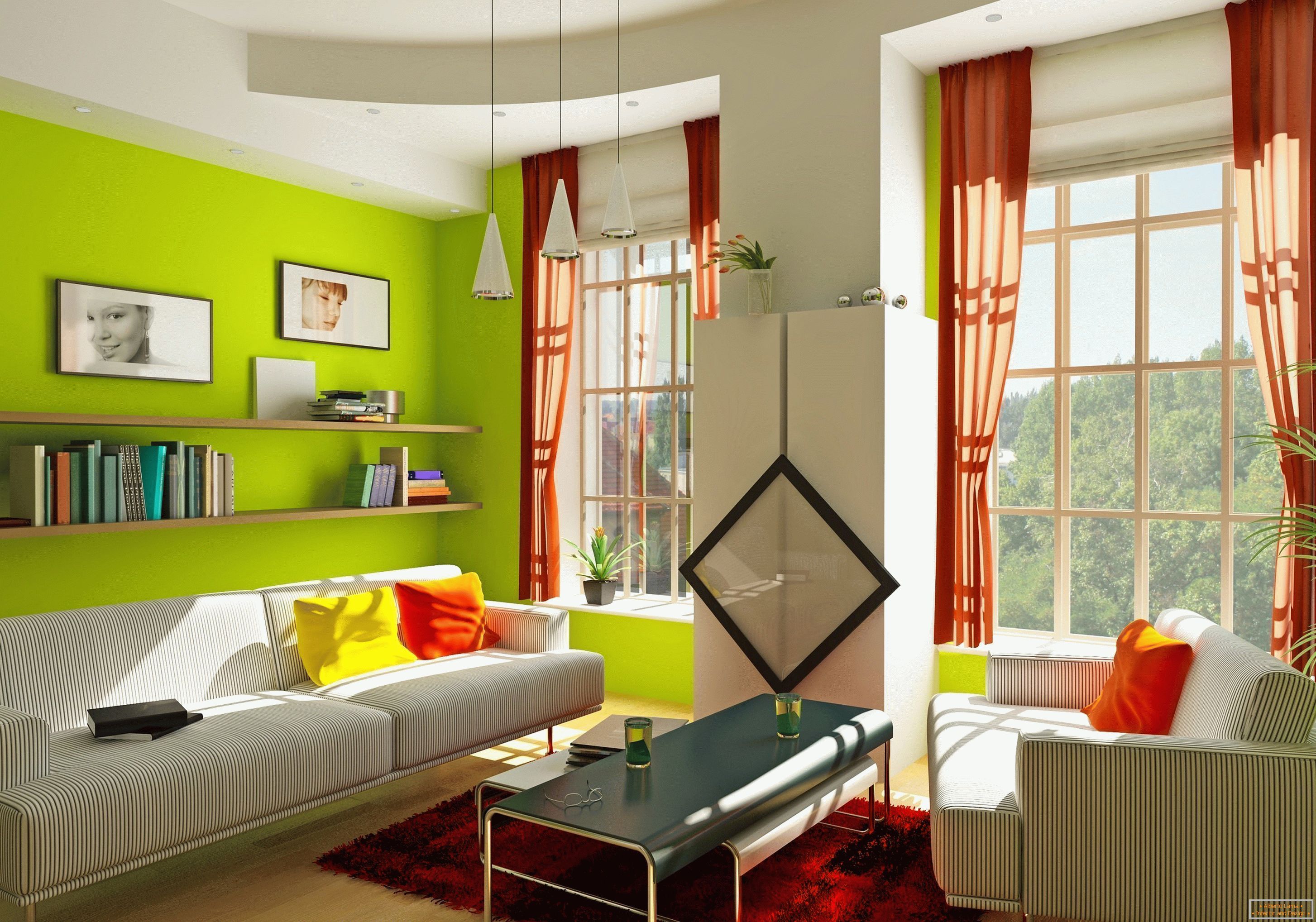 A combinação de papel de parede verde com cortinas vermelhas