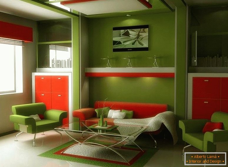 Interior verde com móveis laranja