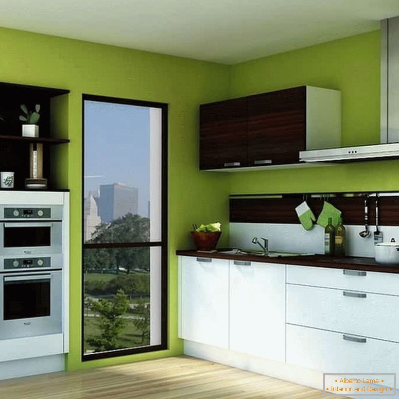 Cor verde brilhante das paredes e cozinha branca