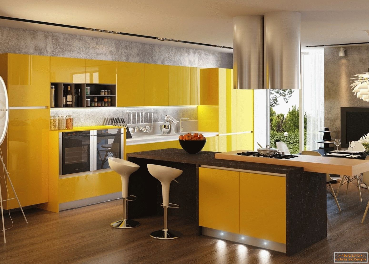 Interior com cozinha amarela
