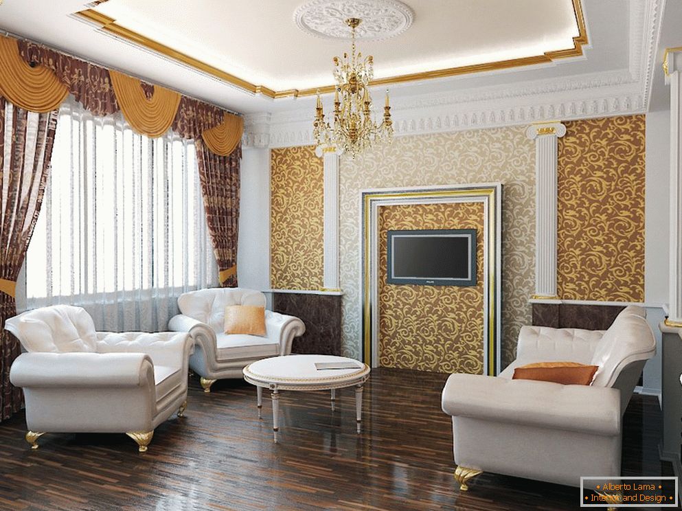 Tons de ouro e branco no interior da sala de estar