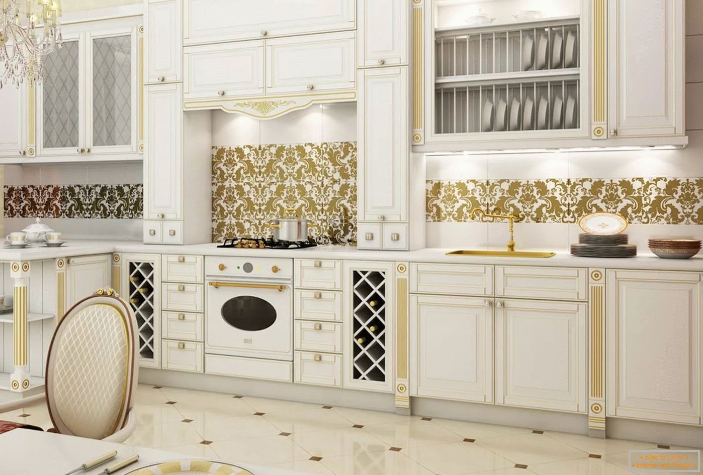 Branco e dourado no interior e design da cozinha